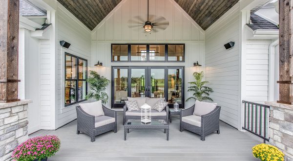 Wood panel vaulted covering on outdoor gathering area of new home in Calvert County.
